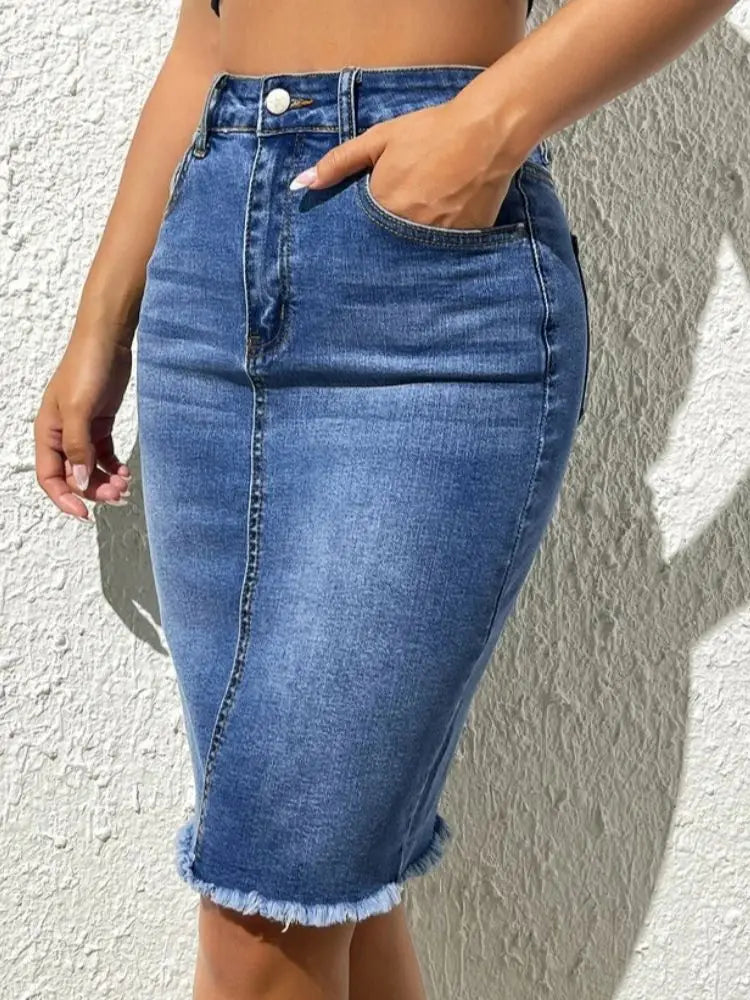 2024 Summer New High Elastic Raw Edge Slim Denim Skirt for Women Fashion Skinny Jeans Hip Cover Skirt Casual Ladies Clothing