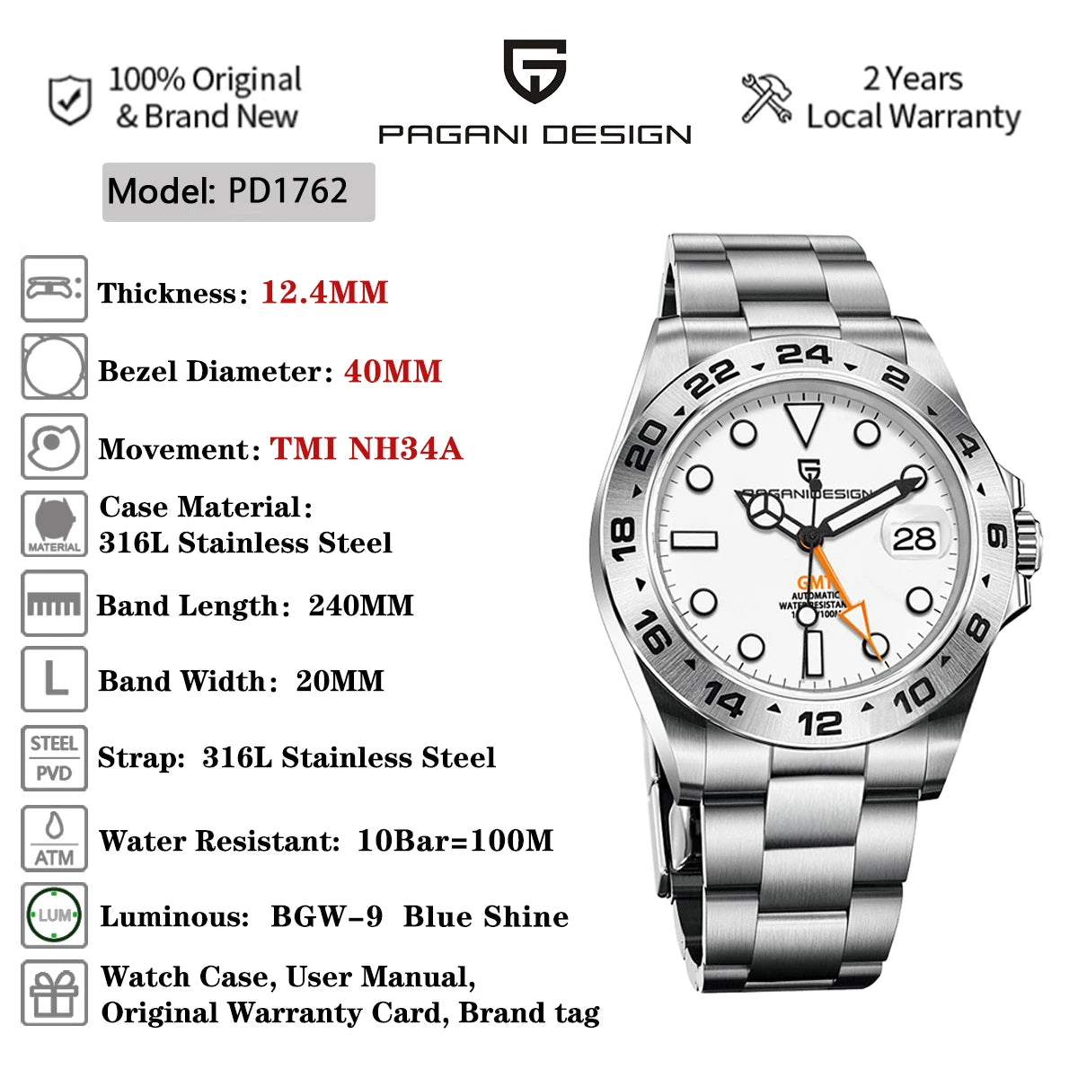 2024 New PAGANI DESIGN PD1762 NH34 GMT Watch Men Sports Automatic Mechanical Diving Swim Stainless Steel Reloj Hombre Waterproof