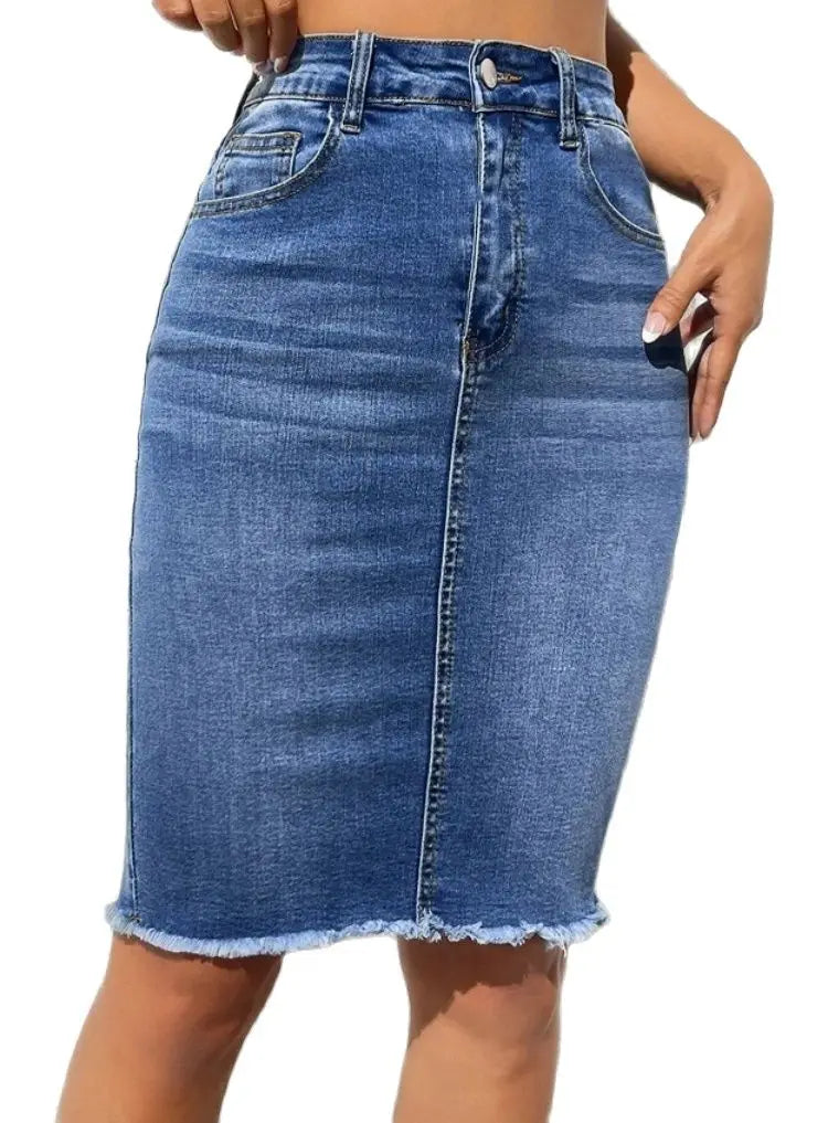 2024 Summer New High Elastic Raw Edge Slim Denim Skirt for Women Fashion Skinny Jeans Hip Cover Skirt Casual Ladies Clothing