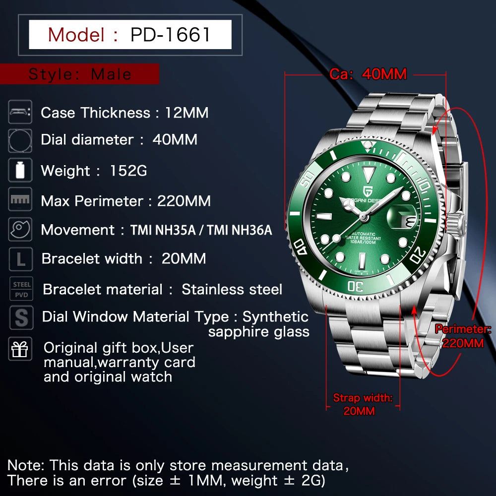 Pagani Design 2024 New NH36 Diving Men's Automatic Mechanical Watch Stainless Steel Waterproof 10Bar Sapphire Luminous C3 reloj