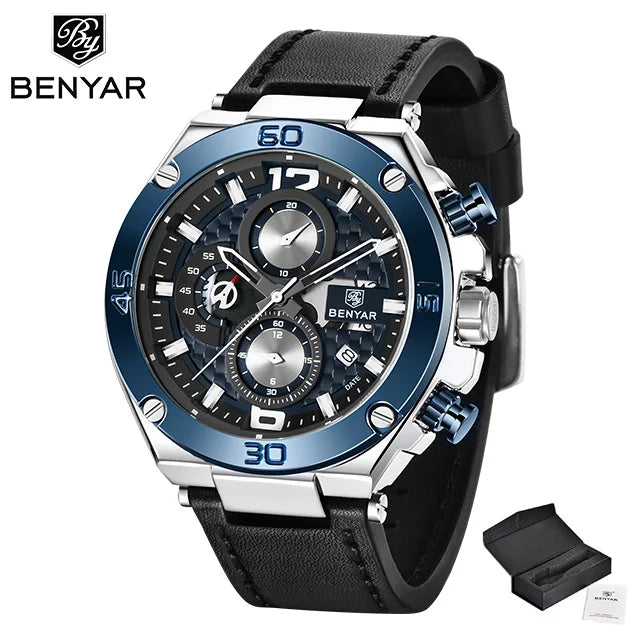 Men's watches BENYAR new quartz men wrist watch top luxury fashion clock man waterproof leather chronograph Relogio Masculino