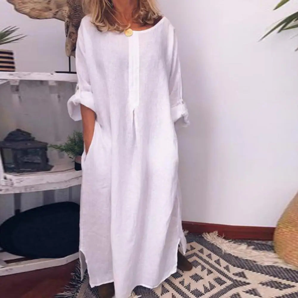 Summer Casual Women Solid Color Oversize Maxi Cotton Long Shirt Kaftan Dress Loose Long Dresses Fashion Ladies Clothing