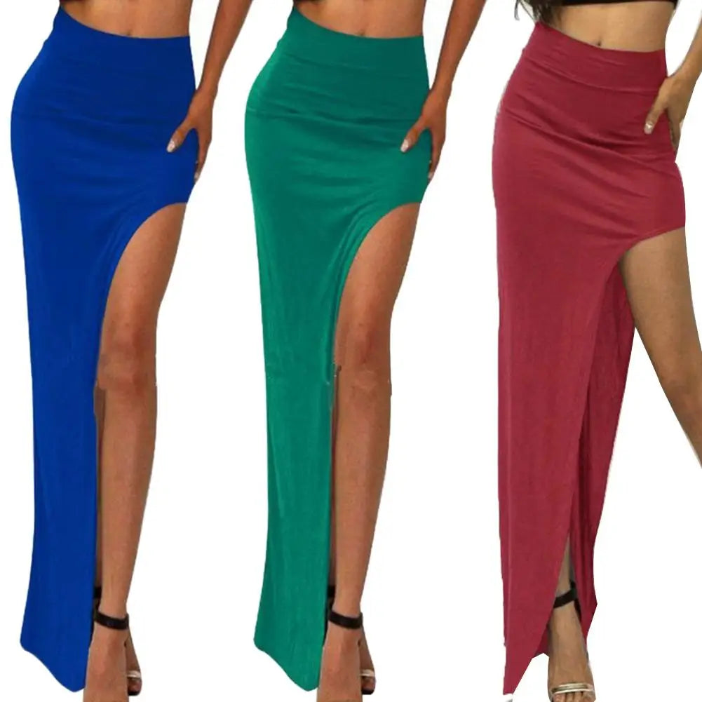 Sexy Women Solid Color High Waist Side Slit Knitted Elastic Bodycon Long Skirt