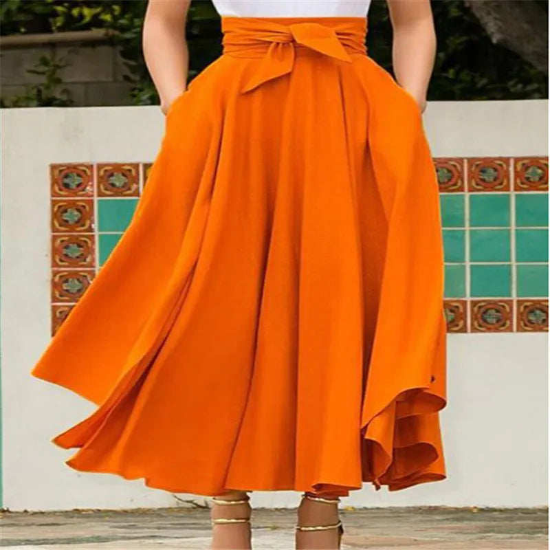 Women's Solid Color High Waist A Line Skirt Fashion Slim Waist Bow Belt Pleated Long Maxi Skirts Red Orange Yellow 2021 Summer