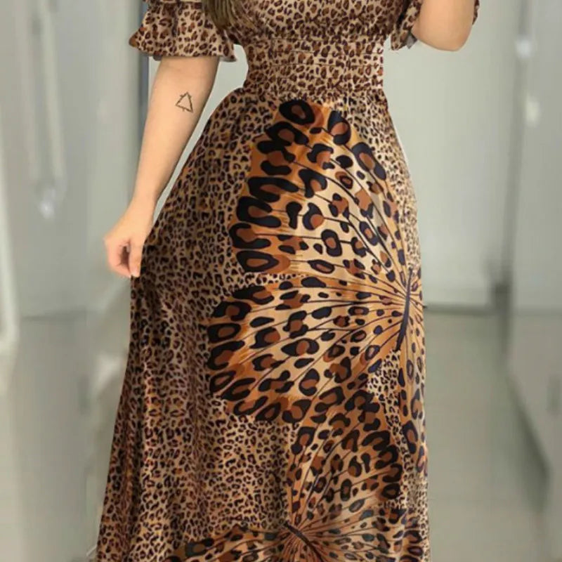 Boho Leopard Dress Women Off Shoulder Ruffle Sleeve Summer Dress Sexy Strappy Slash neck Vestido Long Sundress Party Dresses