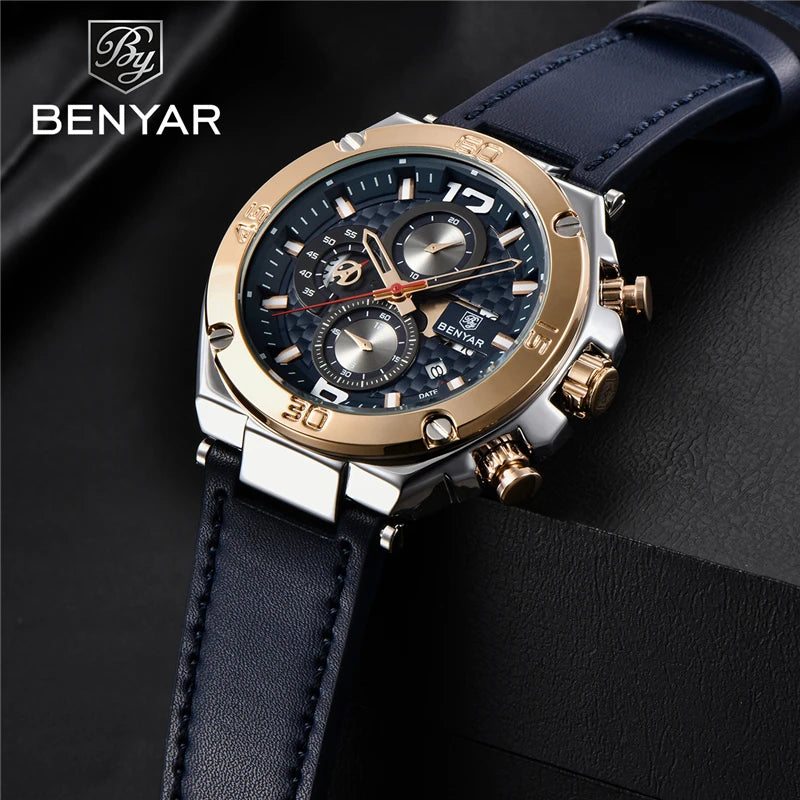 Men's watches BENYAR new quartz men wrist watch top luxury fashion clock man waterproof leather chronograph Relogio Masculino