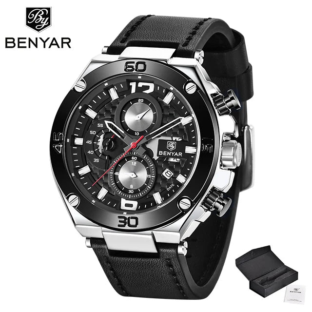 Men's watches BENYAR new quartz men wrist watch top luxury fashion clock man waterproof leather chronograph Relogio Masculino