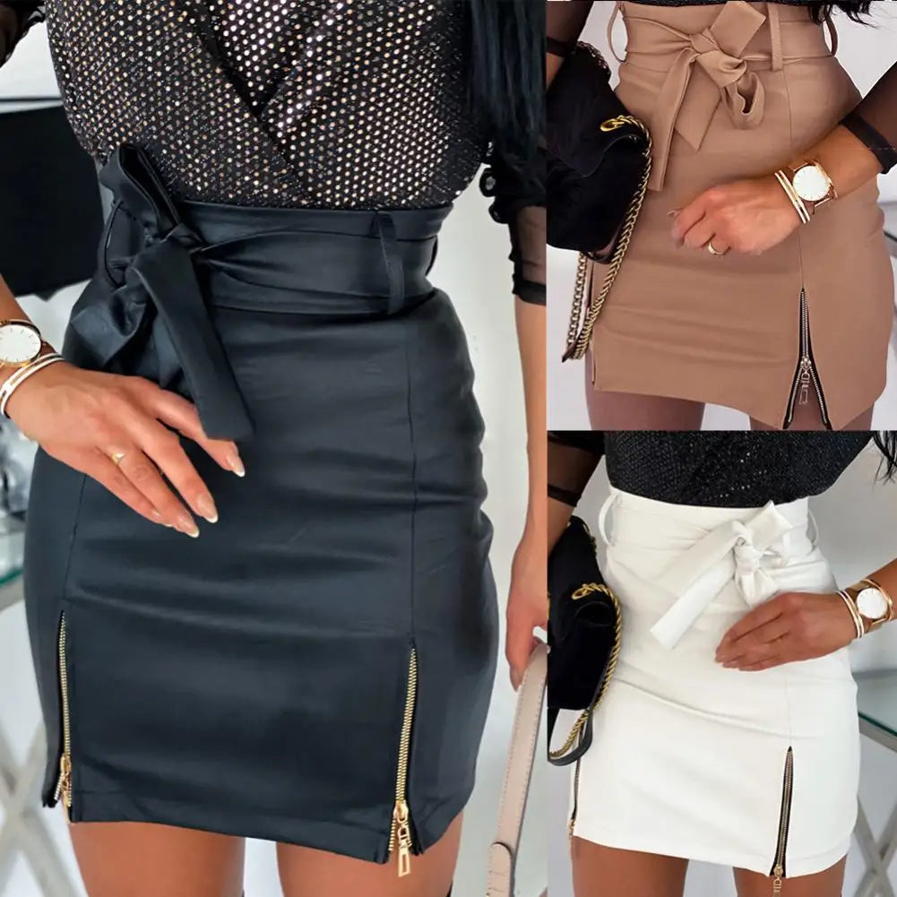 Pencil Mini Skirts High Waist Black PU Leather Split Sheath Wrap Skirts  Faux Leather Zippers High Waist Belt Mini Skirt