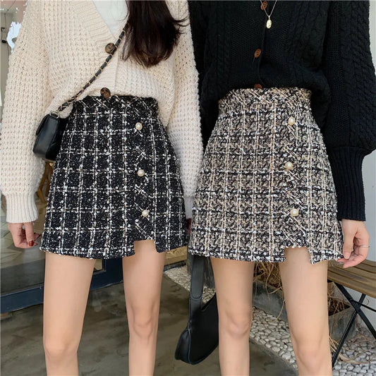 Vintage Plaid Tweed Skirts Thicken Women 2022 Winter Elegant Single-Breasted Short Mini Skirt High Waist Female A-line Skirt