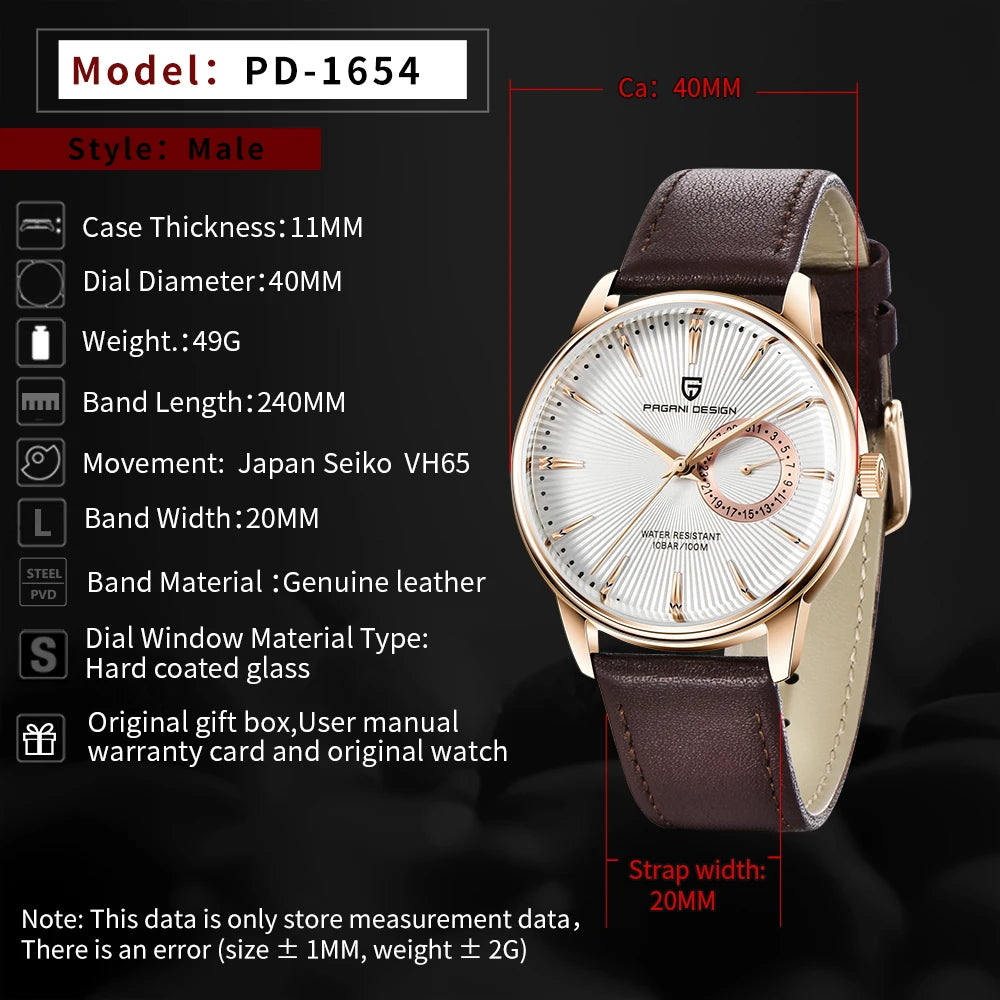 PAGANI DESIGN Quartz Watch VH65 Men's Automatic watches Casual Fashion Leather Watch for men reloj hombre PD1654