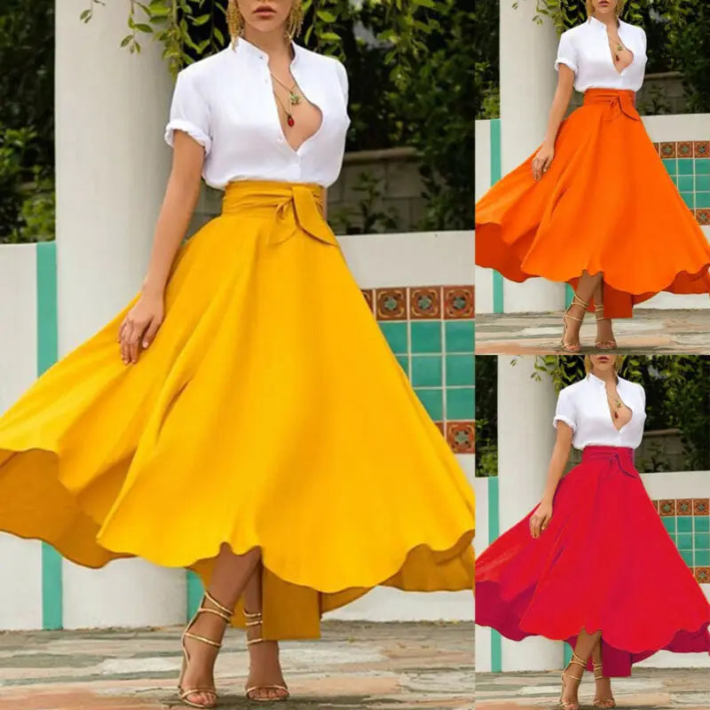 Women's Solid Color High Waist A Line Skirt Fashion Slim Waist Bow Belt Pleated Long Maxi Skirts Red Orange Yellow 2021 Summer