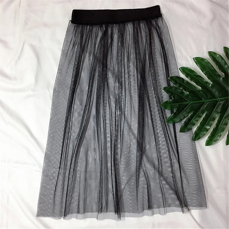 korean women summer high waist mesh a line beach skirt tulle skirts womens Ladies sexy  midi gothic black skirt jupe femme