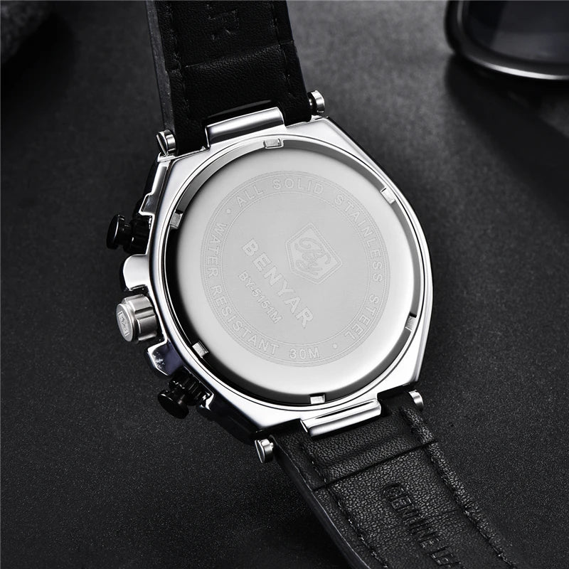 Men's watches BENYAR new quartz men wrist watch top luxury fashion clock man waterproof leather chronograph Relogio Masculino