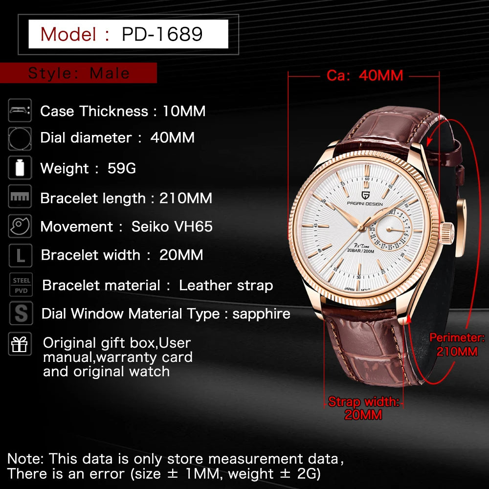 2021 New PAGANI DESIGN Men's watches Luxury Quartz Watch for men Mechanical travel time Wrist Watch men Leather Japan VH65 Clock