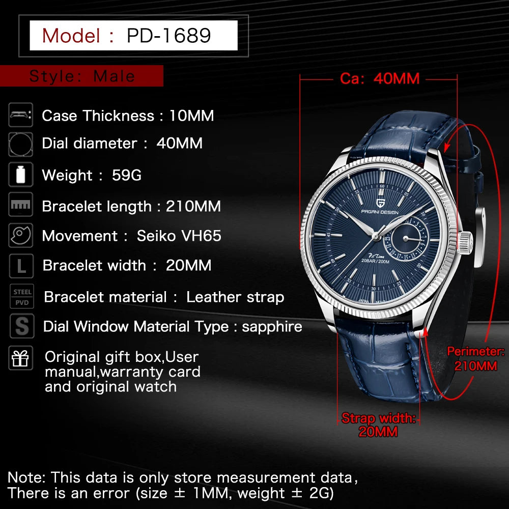 PAGANI DESIGN Men's Watches Luxury Genuine Leather strap Quartz Watch for men Mechanical walk time Watch men 200M Waterproof