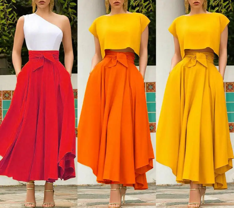 Women's Solid Color High Waist A Line Skirt Fashion Slim Waist Bow Belt Pleated Long Maxi Skirts Red Orange Yellow 2021 Summer