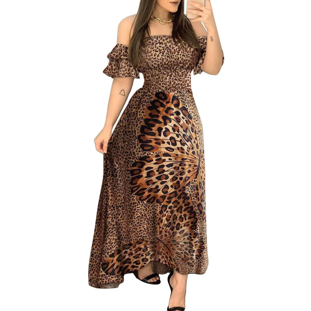 Boho Leopard Dress Women Off Shoulder Ruffle Sleeve Summer Dress Sexy Strappy Slash neck Vestido Long Sundress Party Dresses