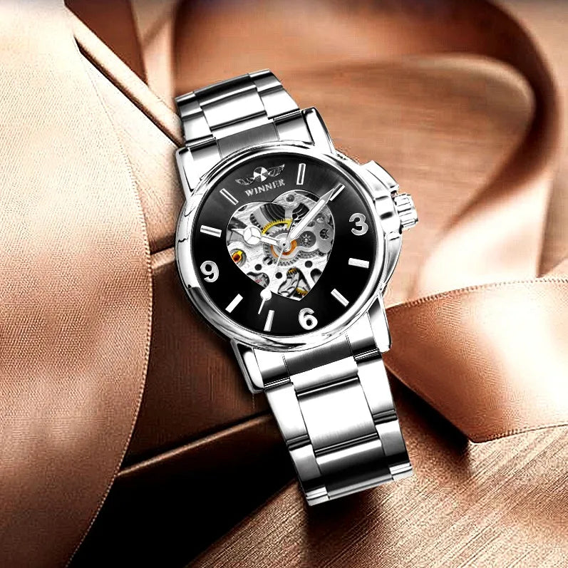 Fashion Winner Brand Watches Women Watch 2021 Automatic Mechanical Golden Heart Skeleton Dial Stainless Steel Band Elegant Lady