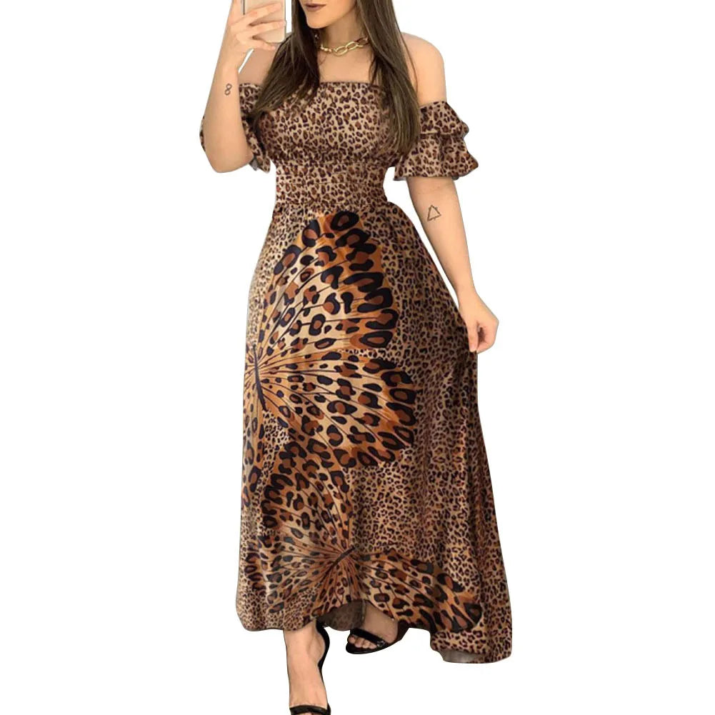 Boho Leopard Dress Women Off Shoulder Ruffle Sleeve Summer Dress Sexy Strappy Slash neck Vestido Long Sundress Party Dresses