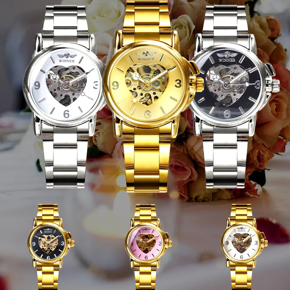 Fashion Winner Brand Watches Women Watch 2021 Automatic Mechanical Golden Heart Skeleton Dial Stainless Steel Band Elegant Lady