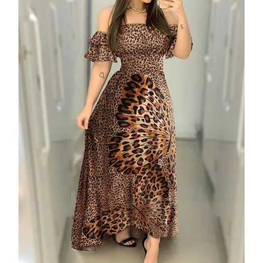 Boho Leopard Dress Women Off Shoulder Ruffle Sleeve Summer Dress Sexy Strappy Slash neck Vestido Long Sundress Party Dresses