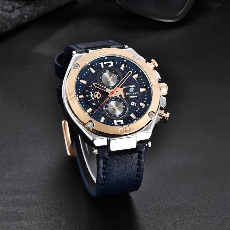 Men's watches BENYAR new quartz men wrist watch top luxury fashion clock man waterproof leather chronograph Relogio Masculino