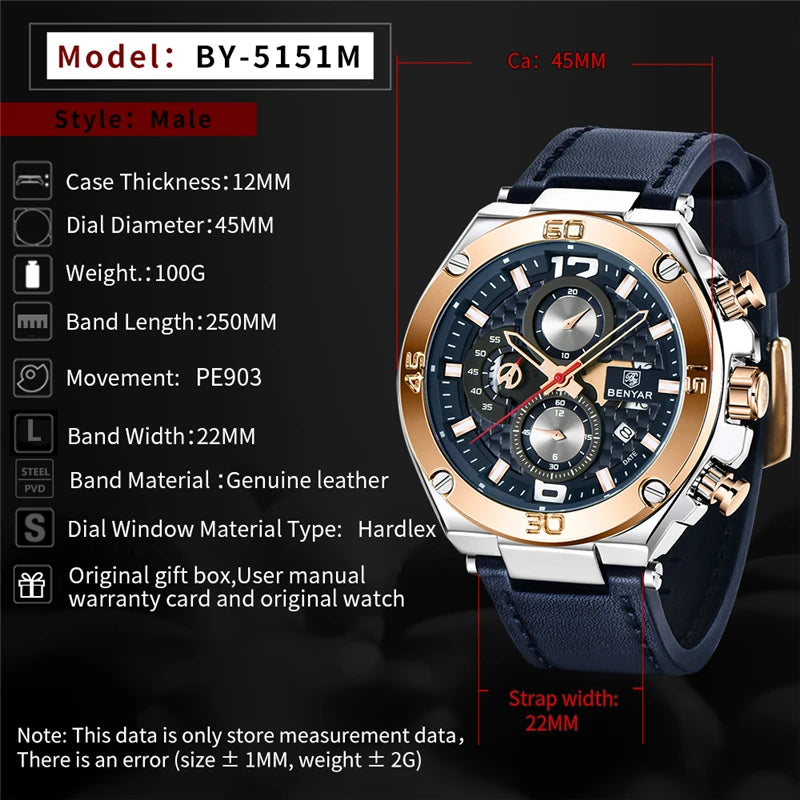 Men's watches BENYAR new quartz men wrist watch top luxury fashion clock man waterproof leather chronograph Relogio Masculino