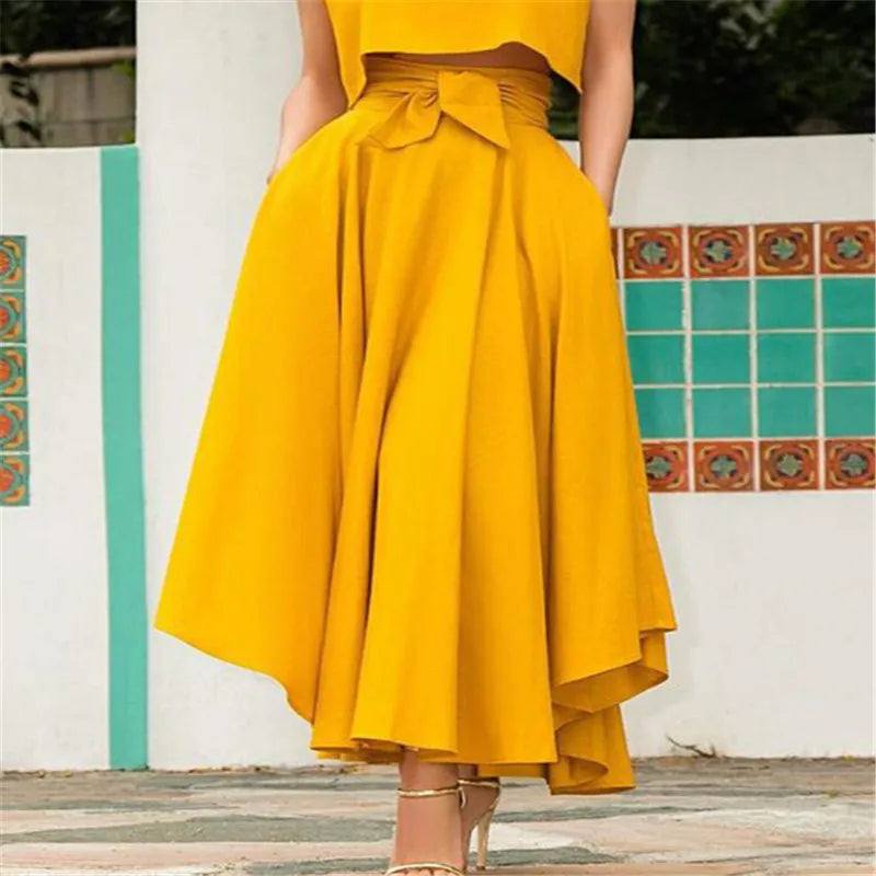 Women's Solid Color High Waist A Line Skirt Fashion Slim Waist Bow Belt Pleated Long Maxi Skirts Red Orange Yellow 2021 Summer