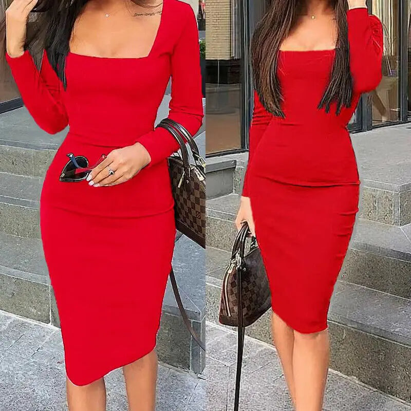 Sexy Women Bodycon Dress Slim Fit Office Ladies Bandage Party Midi Dresses Sundress OL Clothes Elegant Dress