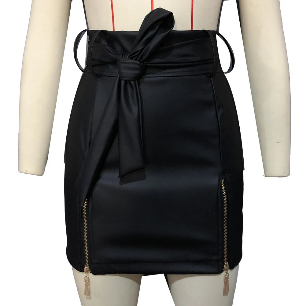 Pencil Mini Skirts High Waist Black PU Leather Split Sheath Wrap Skirts  Faux Leather Zippers High Waist Belt Mini Skirt