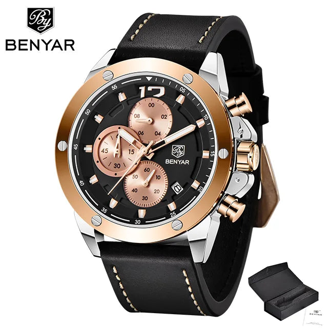 2025 New Benyar Brand Retro Luxury Fashion Men's Vintage Quartz Multi-Function Watch Leather Waterproof Watch Relogio Masculino