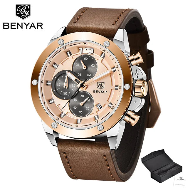 2025 New Benyar Brand Retro Luxury Fashion Men's Vintage Quartz Multi-Function Watch Leather Waterproof Watch Relogio Masculino