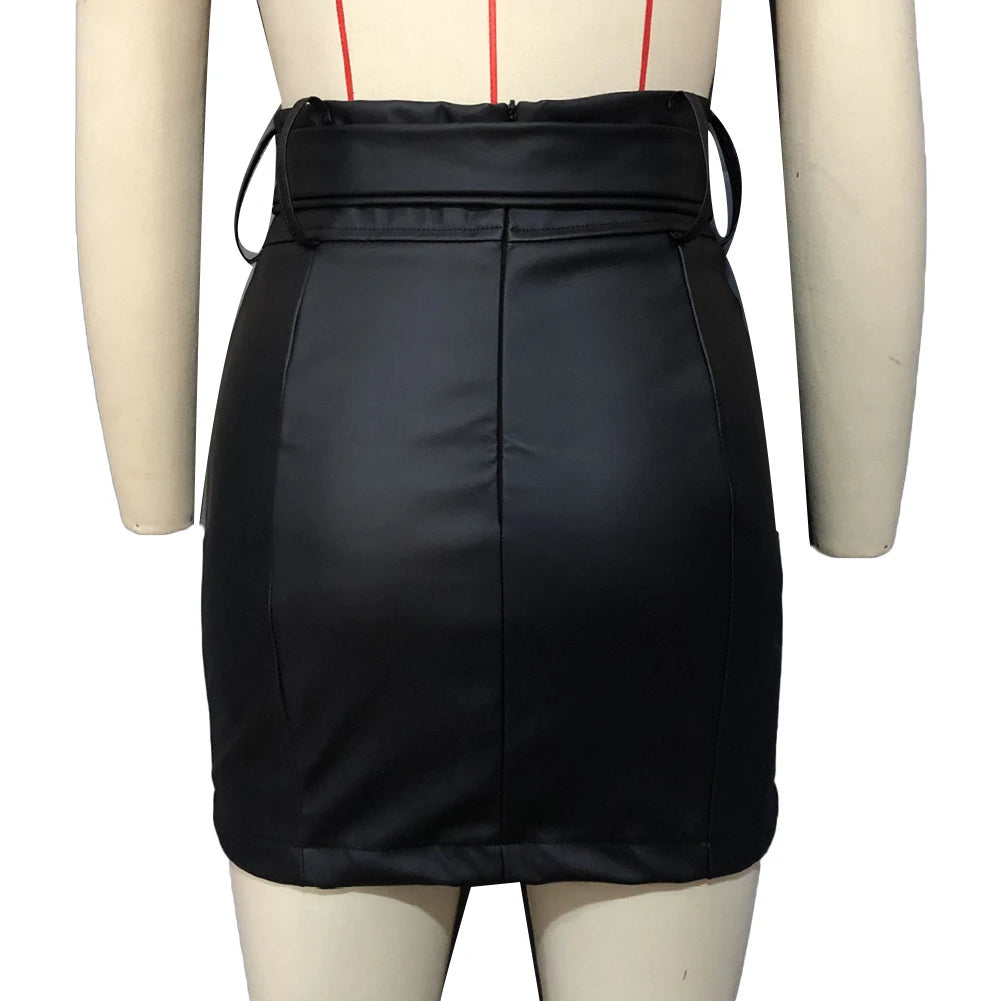 Pencil Mini Skirts High Waist Black PU Leather Split Sheath Wrap Skirts  Faux Leather Zippers High Waist Belt Mini Skirt