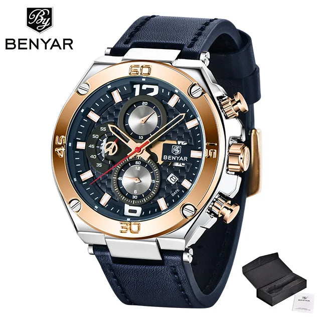 Men's watches BENYAR new quartz men wrist watch top luxury fashion clock man waterproof leather chronograph Relogio Masculino