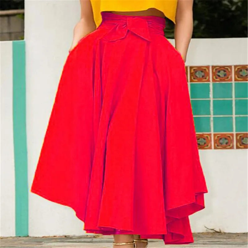 Women's Solid Color High Waist A Line Skirt Fashion Slim Waist Bow Belt Pleated Long Maxi Skirts Red Orange Yellow 2021 Summer