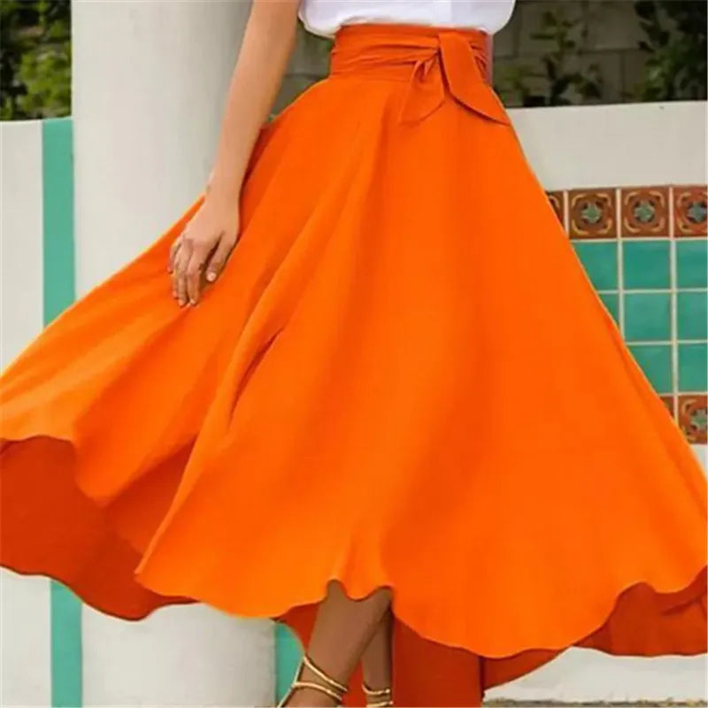 Women's Solid Color High Waist A Line Skirt Fashion Slim Waist Bow Belt Pleated Long Maxi Skirts Red Orange Yellow 2021 Summer