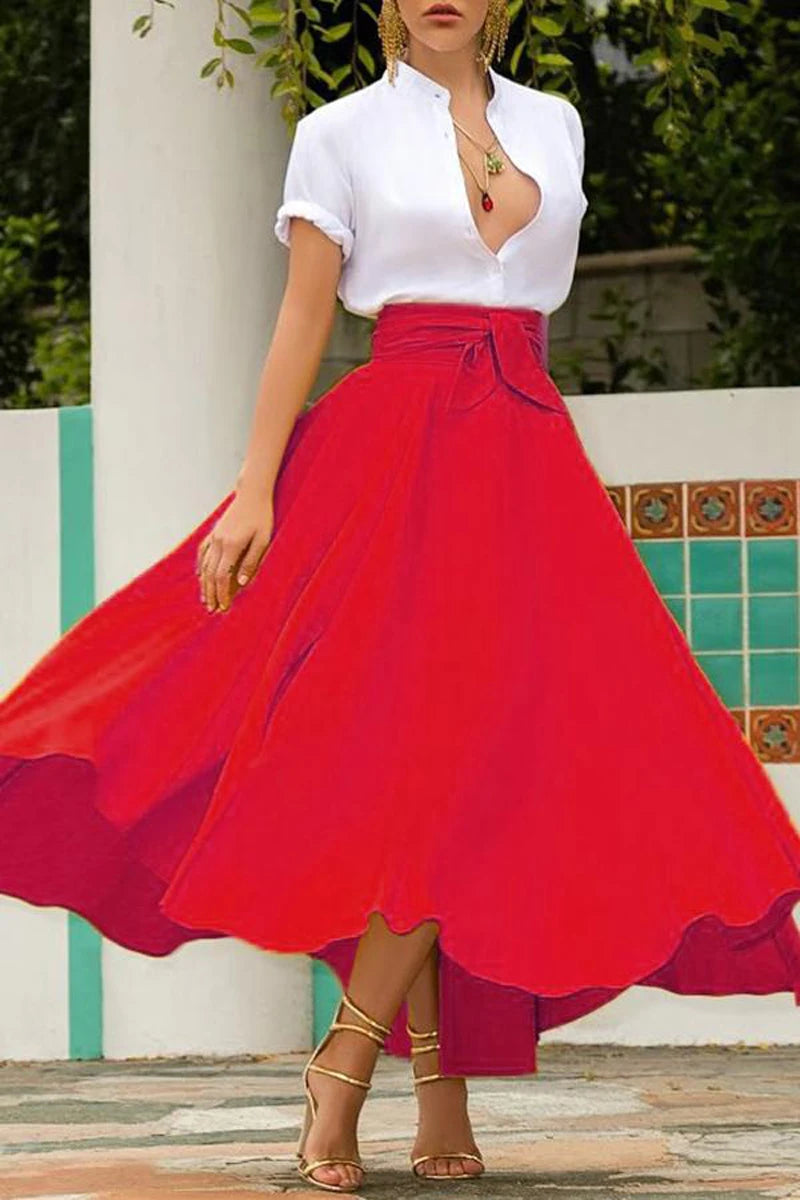 Women's Solid Color High Waist A Line Skirt Fashion Slim Waist Bow Belt Pleated Long Maxi Skirts Red Orange Yellow 2021 Summer