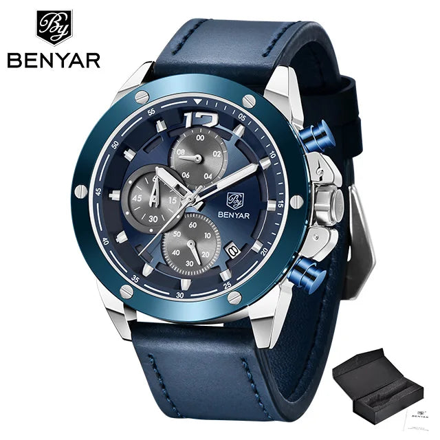 2025 New Benyar Brand Retro Luxury Fashion Men's Vintage Quartz Multi-Function Watch Leather Waterproof Watch Relogio Masculino