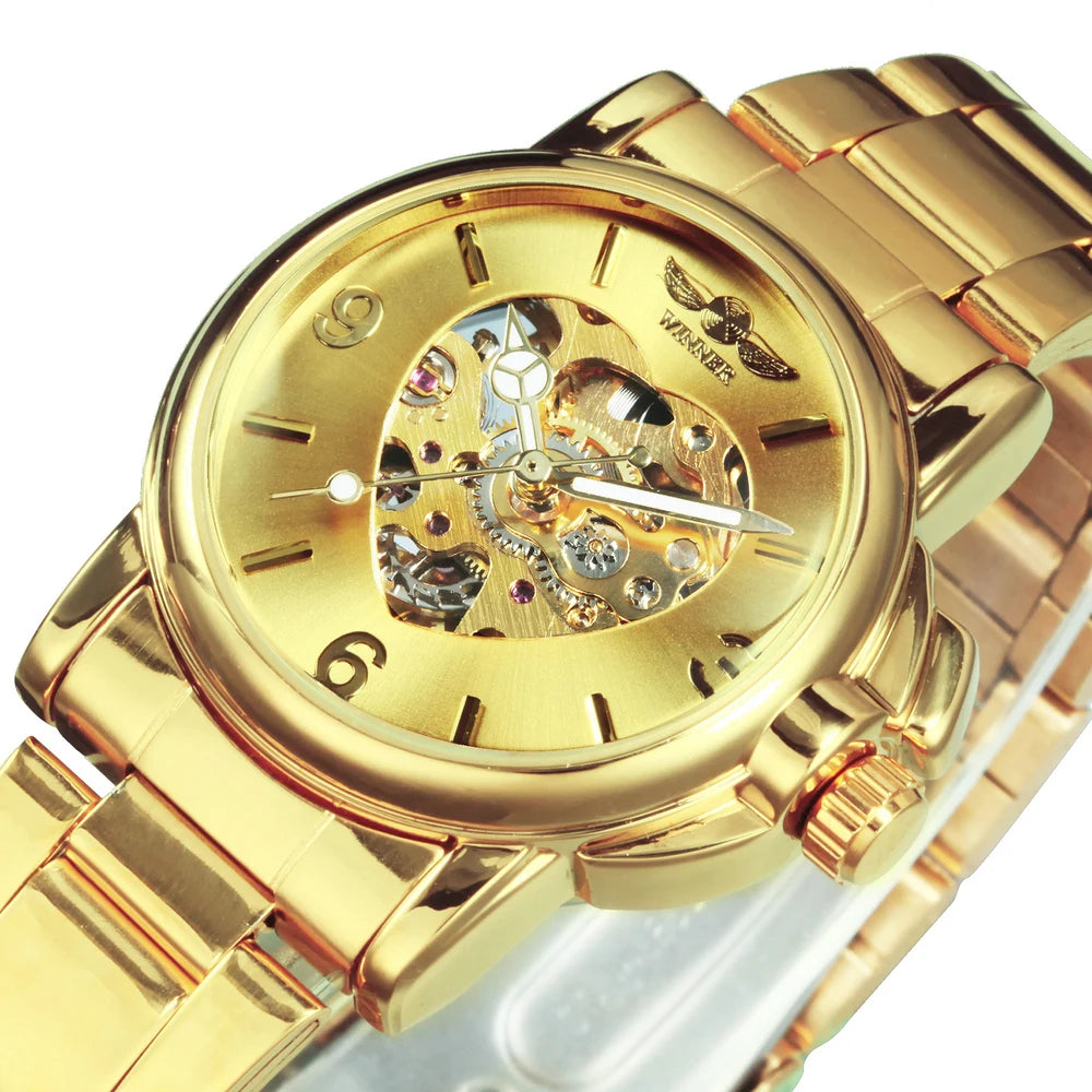 Fashion Winner Brand Watches Women Watch 2021 Automatic Mechanical Golden Heart Skeleton Dial Stainless Steel Band Elegant Lady