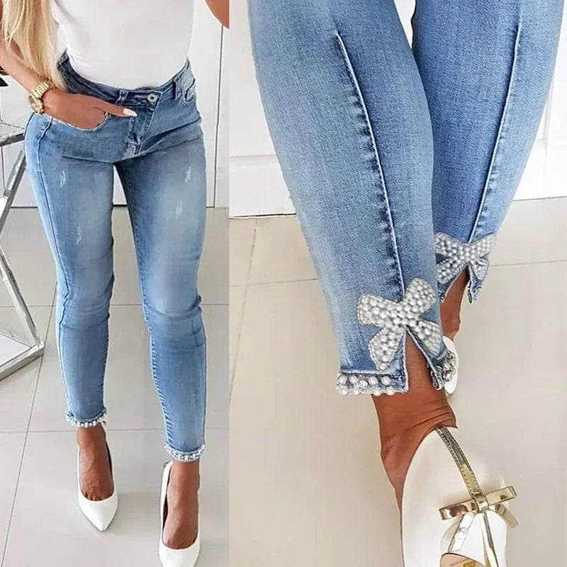 Butterfly Sticky Flower Nail Bead Slit Small Foot Pencil Jeans, Women's Spring and Autumn New Fashion Slimming Long Pants Jeans