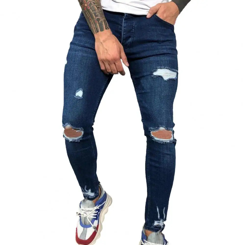 Men's Jeans Streetwear Ripped Skinny Hip Hop Man Fashion Estroyed Oversize Pants Solid Color Male Stretch Casual Denim Trousers