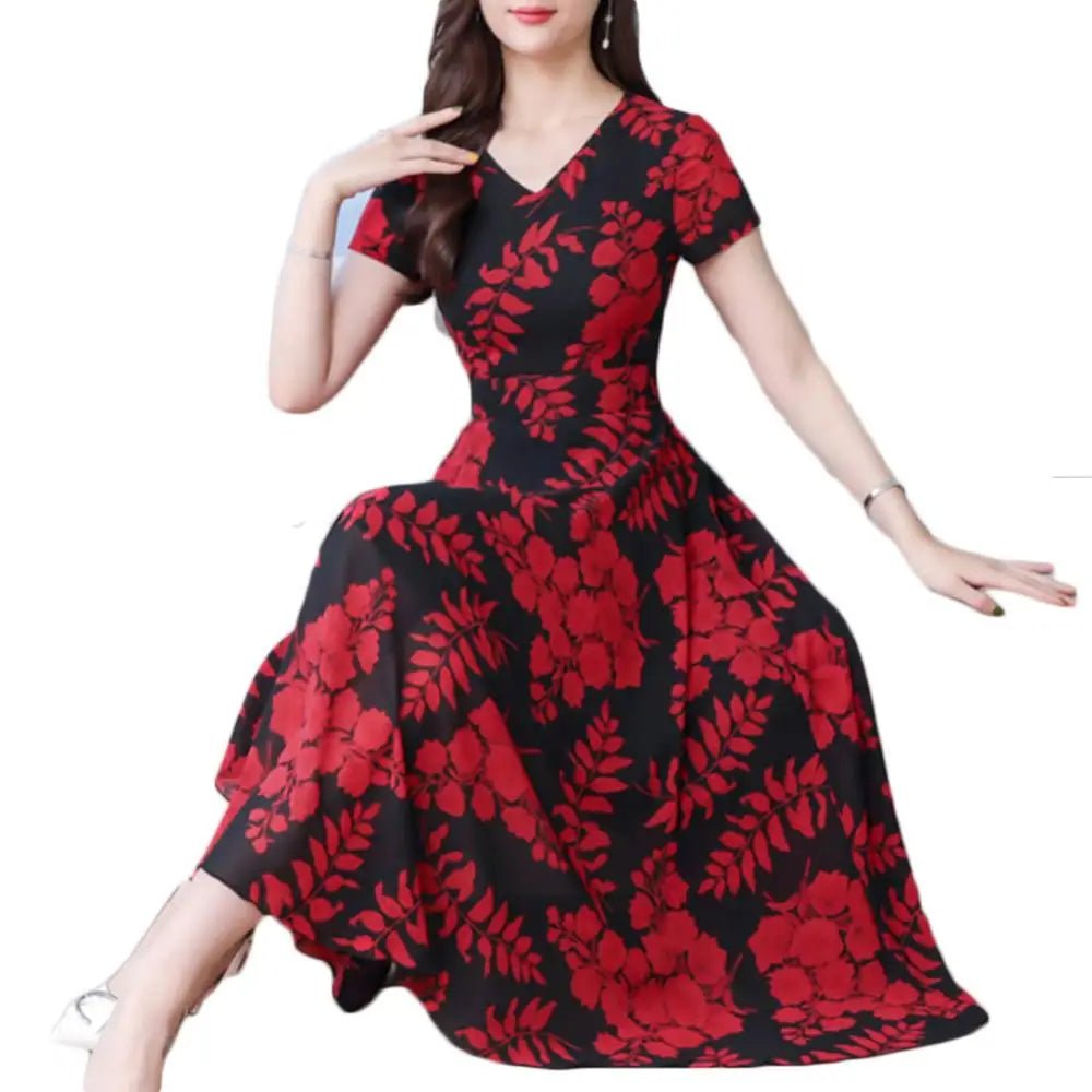 Summer Women Short Sleeve Fashion Elegant Tight Dress Lady Floral Print Women's Waist Large Swing V-Neck Maxi Women's Clothing