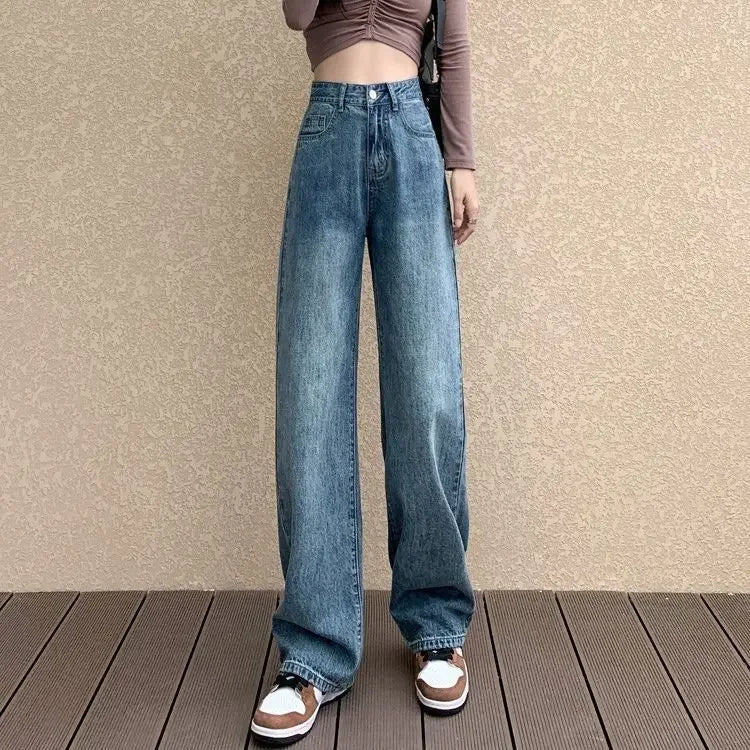 Baggy Jeans Women Vintage Blue High Waist Jeans for Women Wide-leg Pants Stretch Ladies Denim Pants Washed Trousers Streetwear