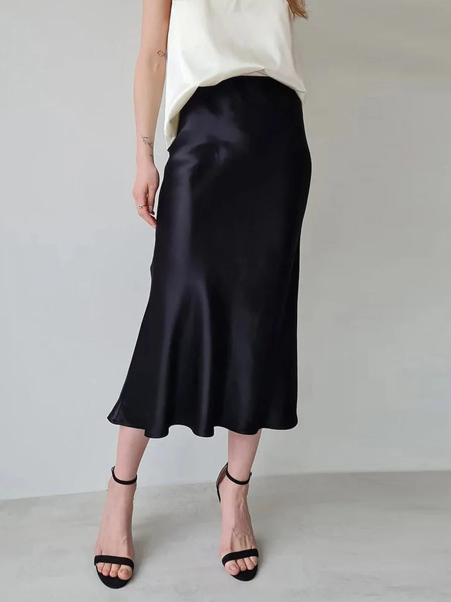 Women s Summer High Waist Skirt Solid Color Long Satin Skirt for Travel Beach Shopping