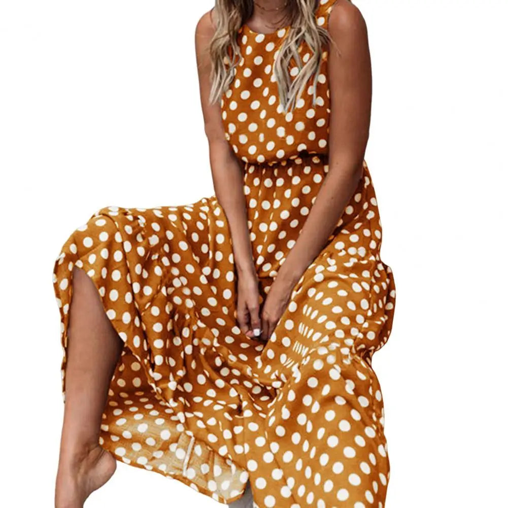 Polka Dot Boho Sundress Women Summer Beach Maxi Long Dresses Sexy Elegant Sleeveless Belts Evening Party Dress Vestido De Mujer