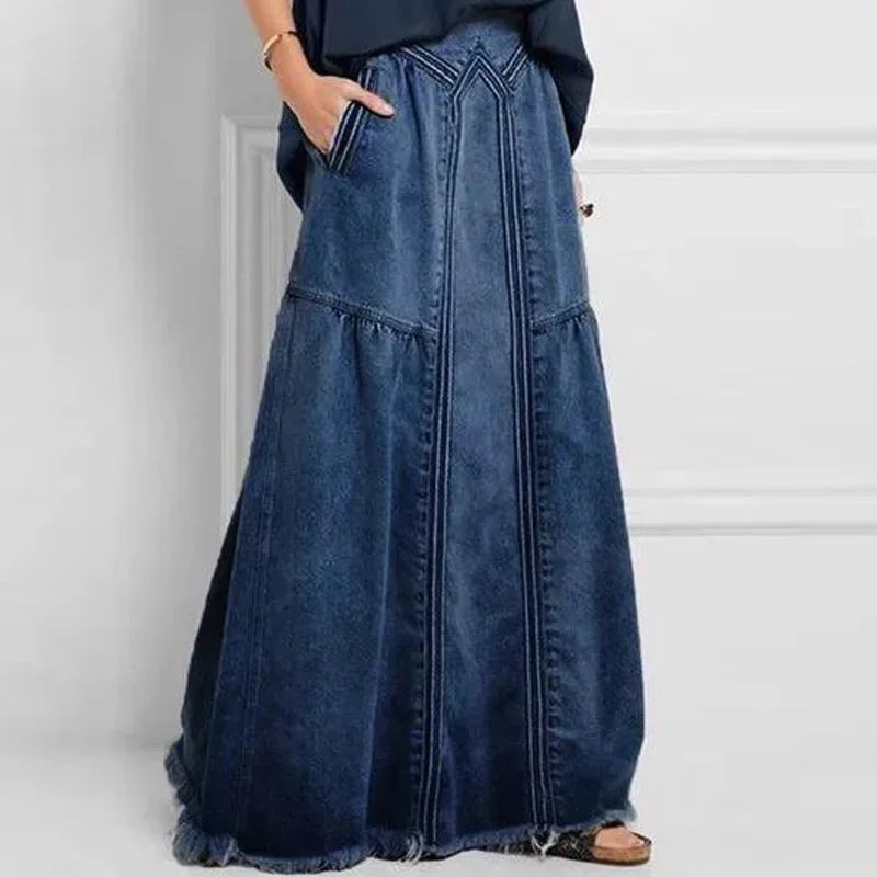 Women Denim Long Skirts Loose A Line Elastic High Waist Skirt Solid Pockets Jeans Casual Elegant Office Lady Autumn 2024