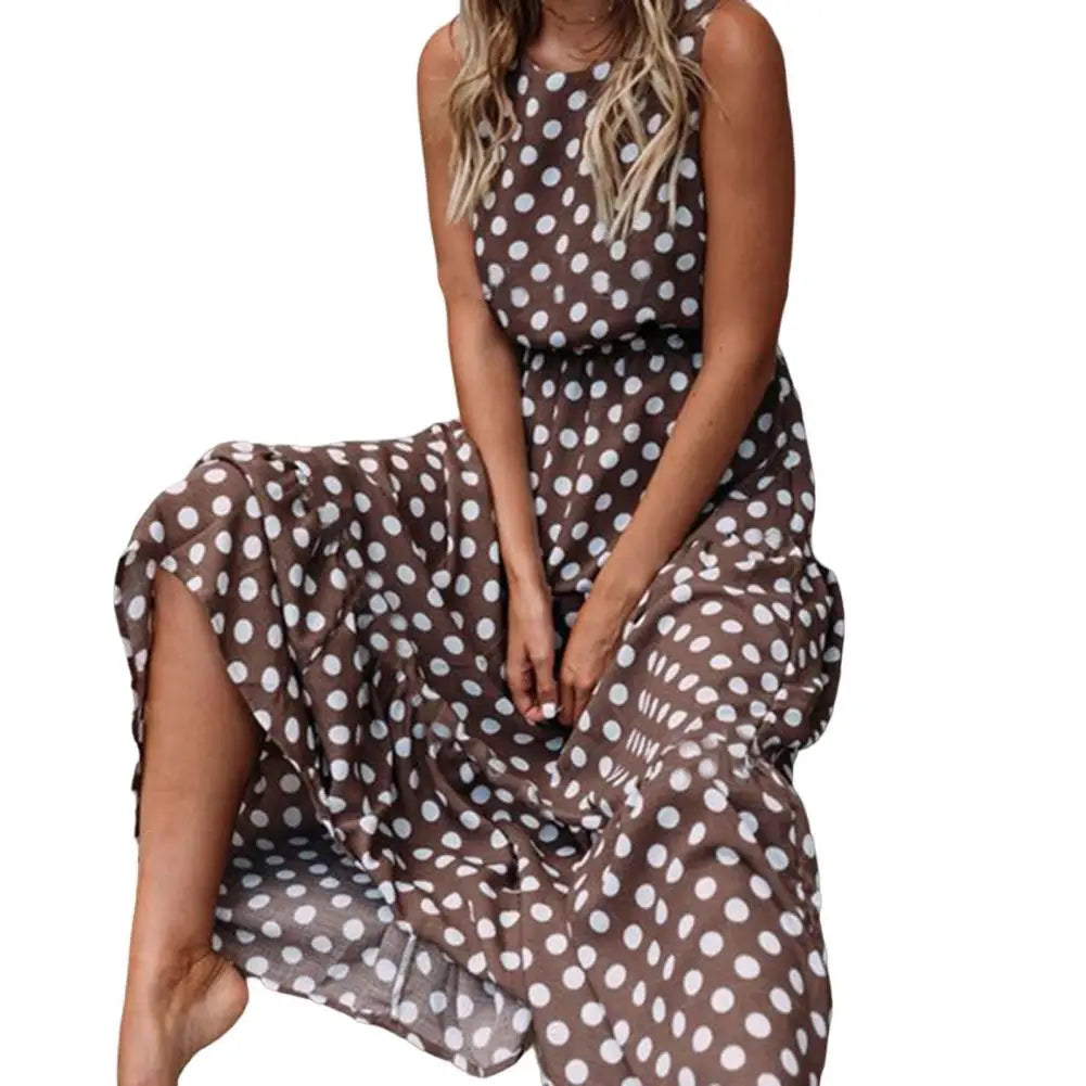 Polka Dot Boho Sundress Women Summer Beach Maxi Long Dresses Sexy Elegant Sleeveless Belts Evening Party Dress Vestido De Mujer