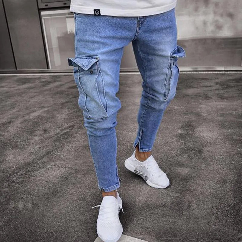 Mens Stretchy Skinny Ripped Jeans Men Side Pocket Washed Slim Denim Pants Biker Jeans Fashion Sweatpants Hip Hop Trousers Jogger