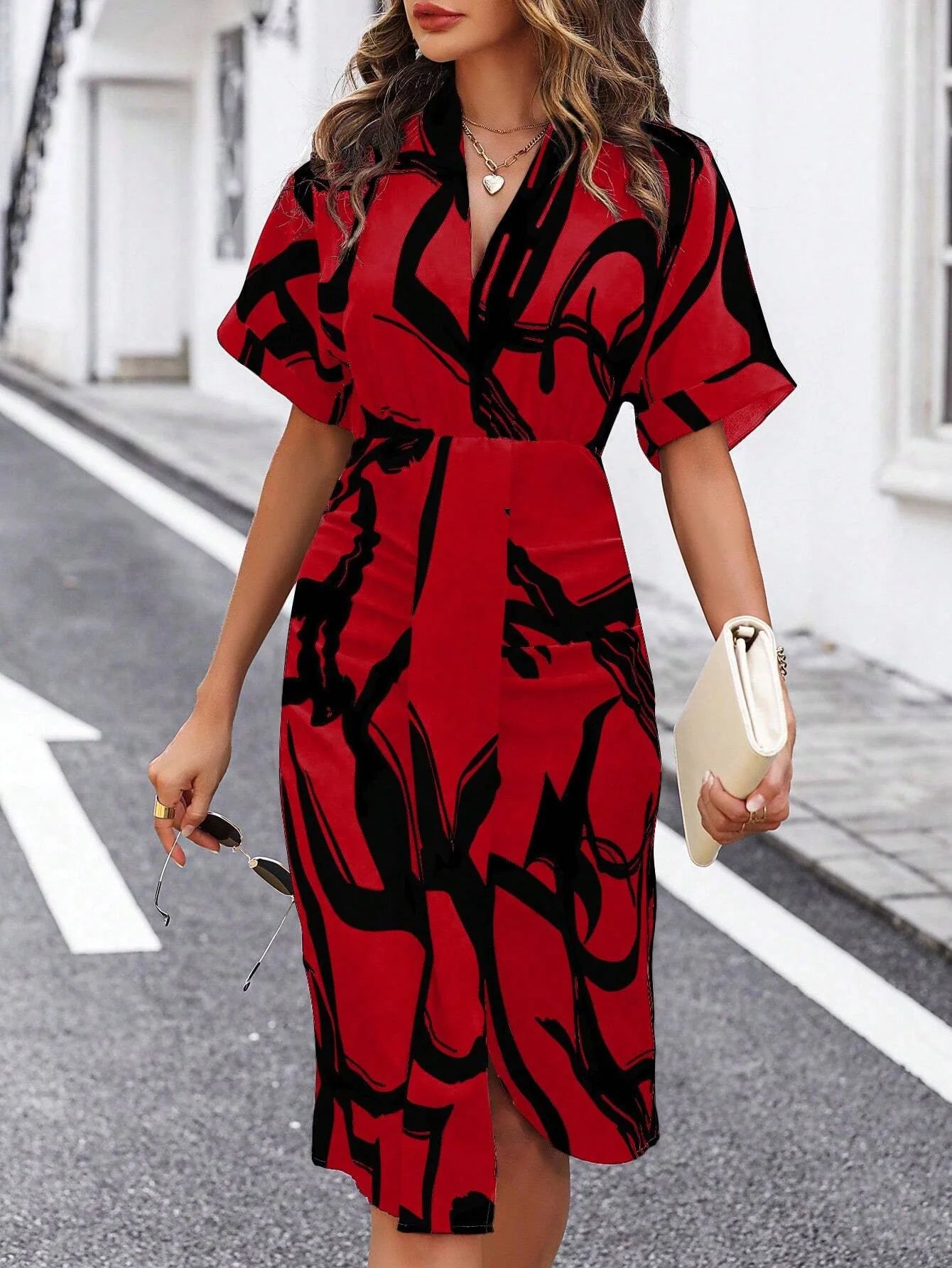 2024 Summer Fashion Printed V Neck Short Sleeved Slim Fit Dresses for Women Elegant Irregular Hips Wrap Female Office Midi Dress