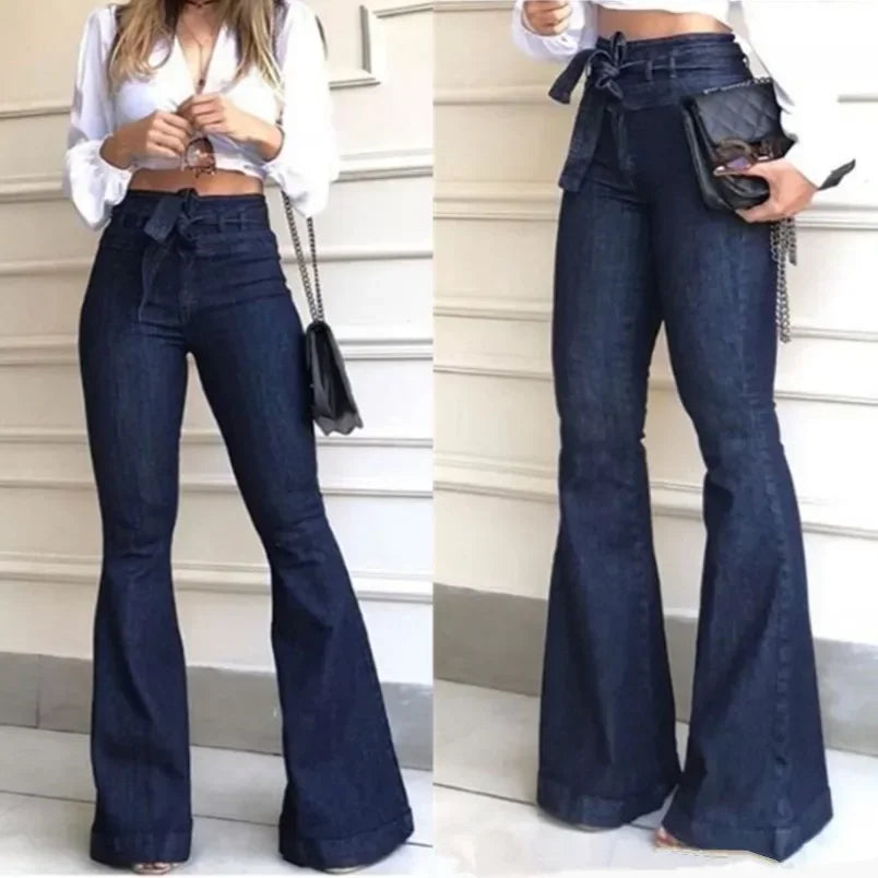 Mom Jeans Women Flare Pants Zipper Fly Flat Pockets Streetwear Denim Work Elegant Bodycon Slight Strech Belt High Waisted Jeans